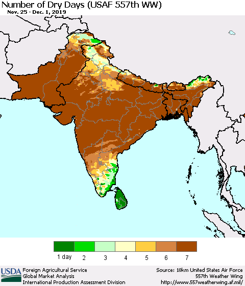 Southern Asia Number of Dry Days (USAF 557th WW) Thematic Map For 11/25/2019 - 12/1/2019