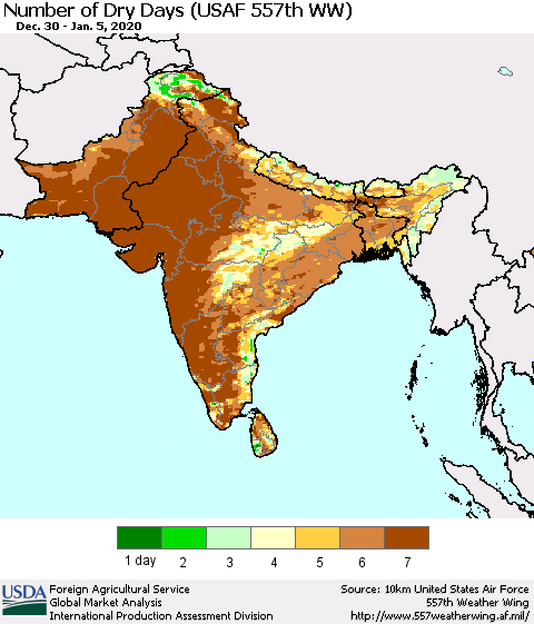 Southern Asia Number of Dry Days (USAF 557th WW) Thematic Map For 12/30/2019 - 1/5/2020