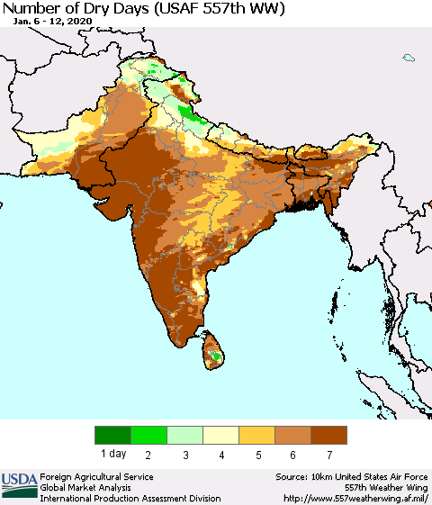 Southern Asia Number of Dry Days (USAF 557th WW) Thematic Map For 1/6/2020 - 1/12/2020