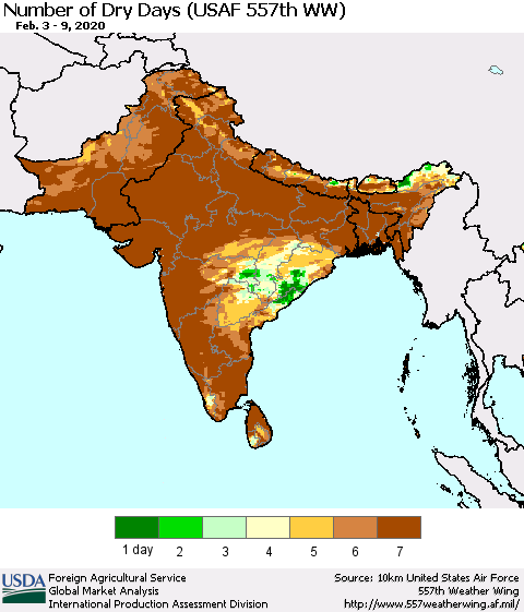 Southern Asia Number of Dry Days (USAF 557th WW) Thematic Map For 2/3/2020 - 2/9/2020
