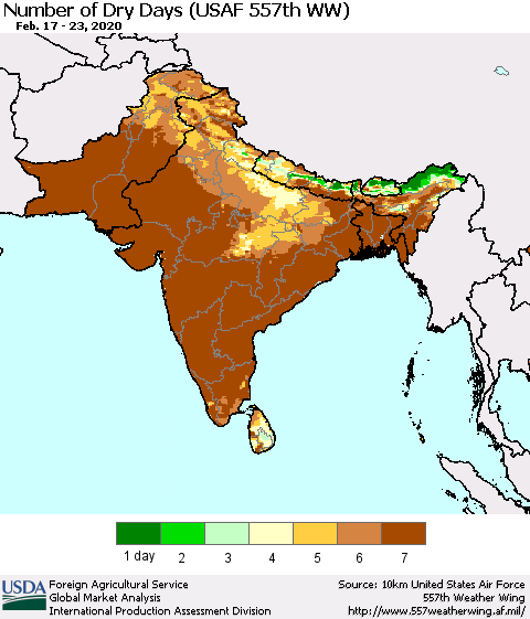 Southern Asia Number of Dry Days (USAF 557th WW) Thematic Map For 2/17/2020 - 2/23/2020