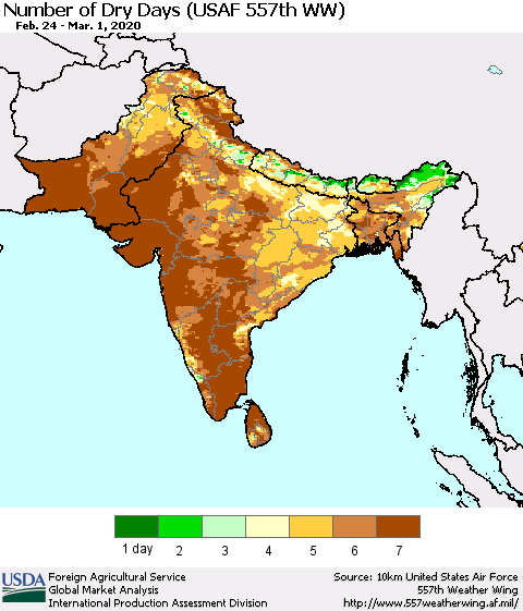 Southern Asia Number of Dry Days (USAF 557th WW) Thematic Map For 2/24/2020 - 3/1/2020
