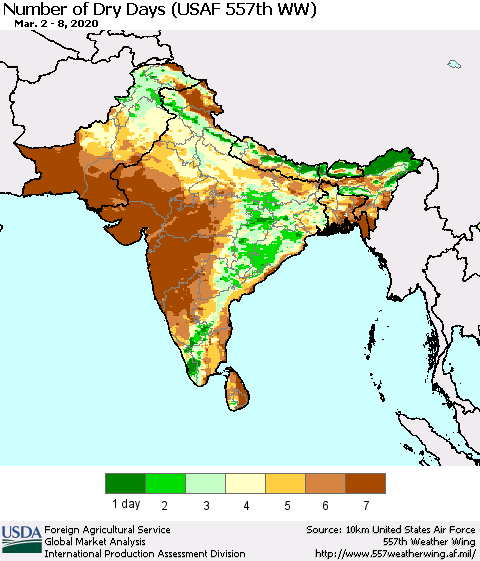 Southern Asia Number of Dry Days (USAF 557th WW) Thematic Map For 3/2/2020 - 3/8/2020