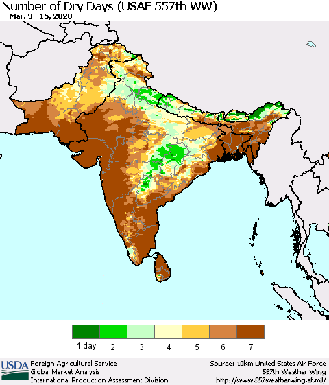 Southern Asia Number of Dry Days (USAF 557th WW) Thematic Map For 3/9/2020 - 3/15/2020