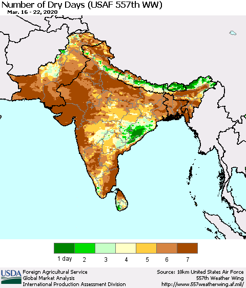 Southern Asia Number of Dry Days (USAF 557th WW) Thematic Map For 3/16/2020 - 3/22/2020