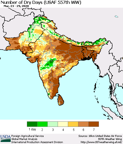 Southern Asia Number of Dry Days (USAF 557th WW) Thematic Map For 3/23/2020 - 3/29/2020