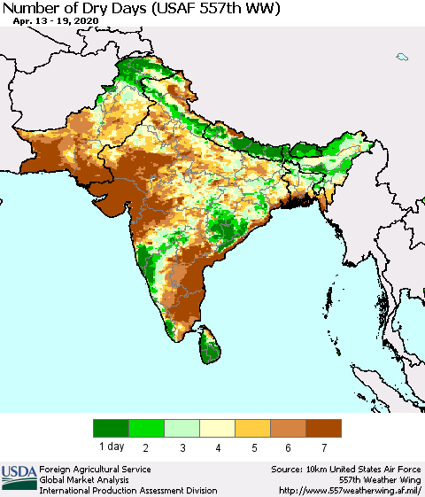 Southern Asia Number of Dry Days (USAF 557th WW) Thematic Map For 4/13/2020 - 4/19/2020