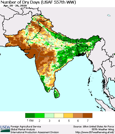 Southern Asia Number of Dry Days (USAF 557th WW) Thematic Map For 4/20/2020 - 4/26/2020