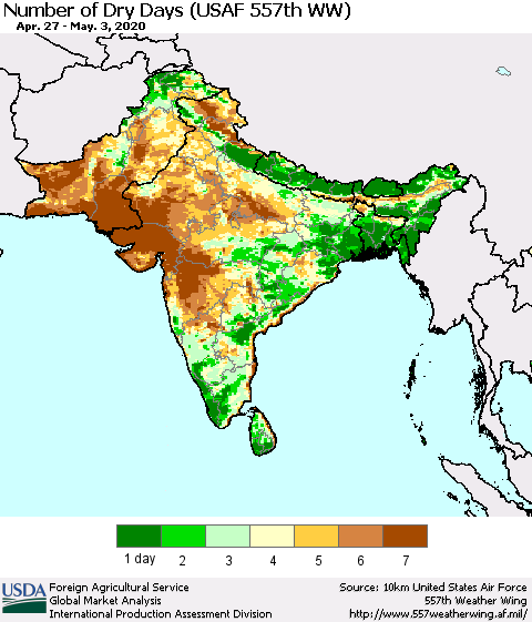 Southern Asia Number of Dry Days (USAF 557th WW) Thematic Map For 4/27/2020 - 5/3/2020