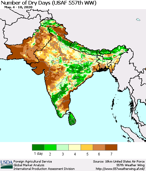 Southern Asia Number of Dry Days (USAF 557th WW) Thematic Map For 5/4/2020 - 5/10/2020