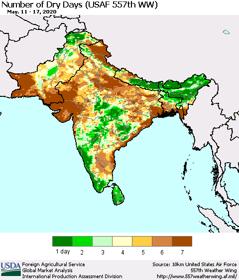 Southern Asia Number of Dry Days (USAF 557th WW) Thematic Map For 5/11/2020 - 5/17/2020