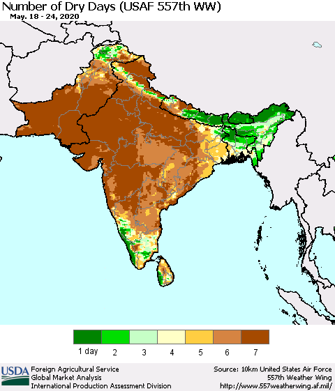 Southern Asia Number of Dry Days (USAF 557th WW) Thematic Map For 5/18/2020 - 5/24/2020