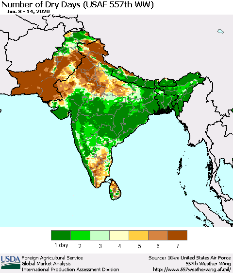 Southern Asia Number of Dry Days (USAF 557th WW) Thematic Map For 6/8/2020 - 6/14/2020
