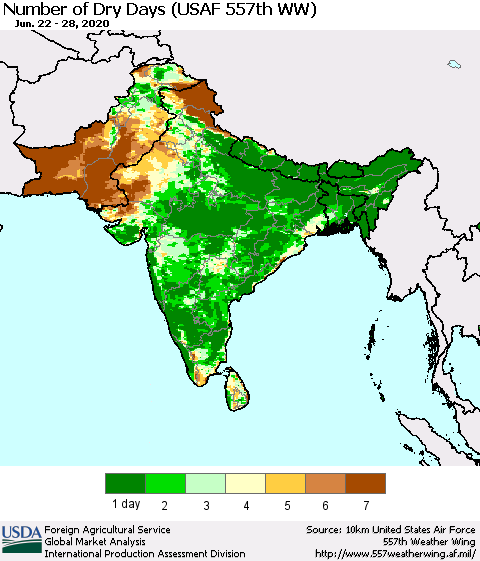 Southern Asia Number of Dry Days (USAF 557th WW) Thematic Map For 6/22/2020 - 6/28/2020
