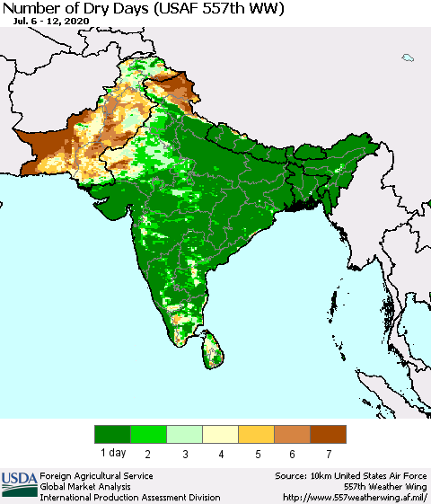 Southern Asia Number of Dry Days (USAF 557th WW) Thematic Map For 7/6/2020 - 7/12/2020