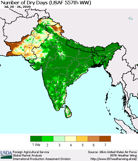 Southern Asia Number of Dry Days (USAF 557th WW) Thematic Map For 7/20/2020 - 7/26/2020