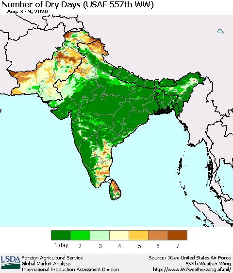 Southern Asia Number of Dry Days (USAF 557th WW) Thematic Map For 8/3/2020 - 8/9/2020