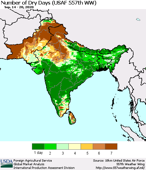 Southern Asia Number of Dry Days (USAF 557th WW) Thematic Map For 9/14/2020 - 9/20/2020