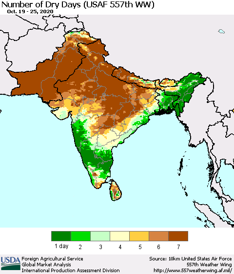 Southern Asia Number of Dry Days (USAF 557th WW) Thematic Map For 10/19/2020 - 10/25/2020