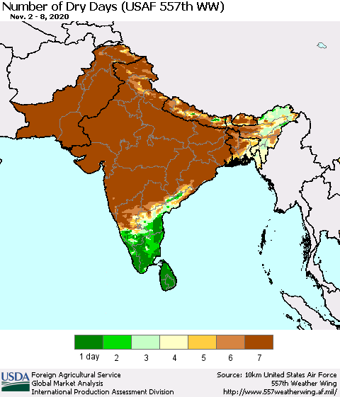 Southern Asia Number of Dry Days (USAF 557th WW) Thematic Map For 11/2/2020 - 11/8/2020