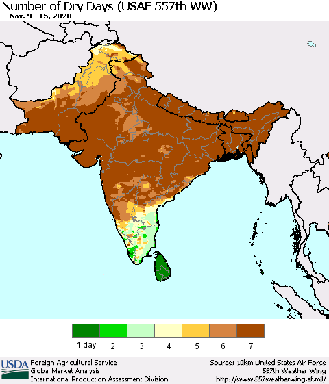 Southern Asia Number of Dry Days (USAF 557th WW) Thematic Map For 11/9/2020 - 11/15/2020
