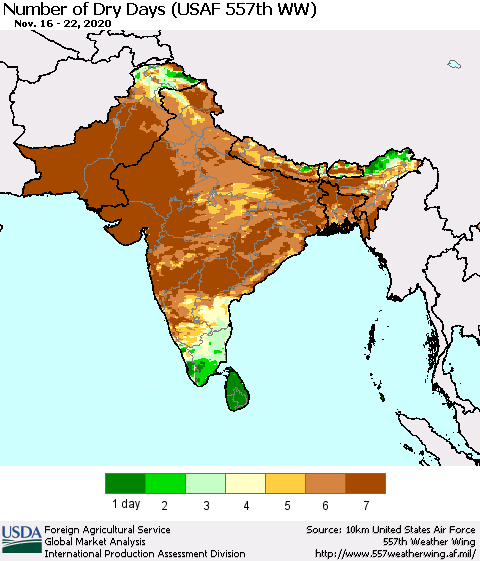 Southern Asia Number of Dry Days (USAF 557th WW) Thematic Map For 11/16/2020 - 11/22/2020