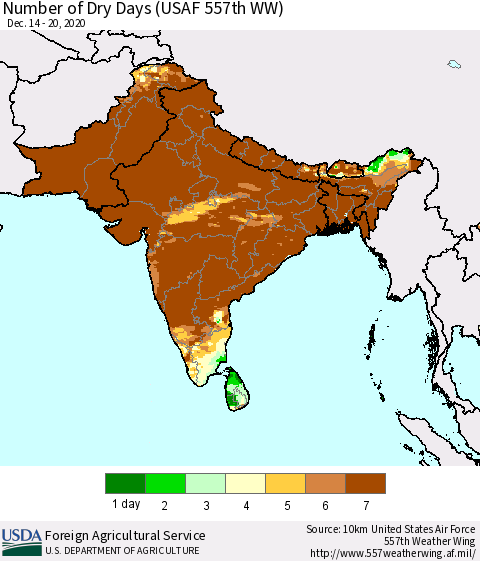 Southern Asia Number of Dry Days (USAF 557th WW) Thematic Map For 12/14/2020 - 12/20/2020