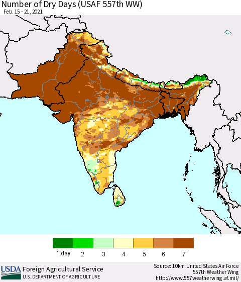 Southern Asia Number of Dry Days (USAF 557th WW) Thematic Map For 2/15/2021 - 2/21/2021