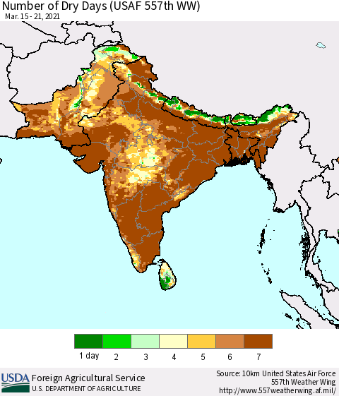 Southern Asia Number of Dry Days (USAF 557th WW) Thematic Map For 3/15/2021 - 3/21/2021