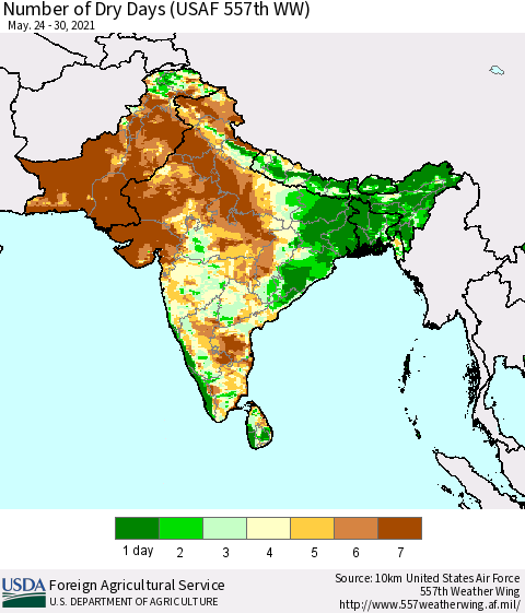 Southern Asia Number of Dry Days (USAF 557th WW) Thematic Map For 5/24/2021 - 5/30/2021
