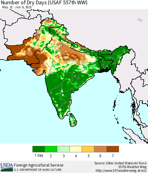 Southern Asia Number of Dry Days (USAF 557th WW) Thematic Map For 5/31/2021 - 6/6/2021