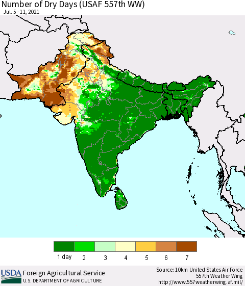 Southern Asia Number of Dry Days (USAF 557th WW) Thematic Map For 7/5/2021 - 7/11/2021