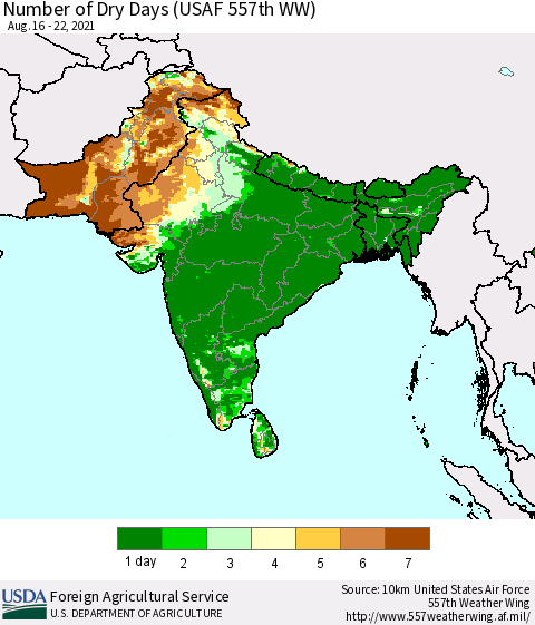Southern Asia Number of Dry Days (USAF 557th WW) Thematic Map For 8/16/2021 - 8/22/2021