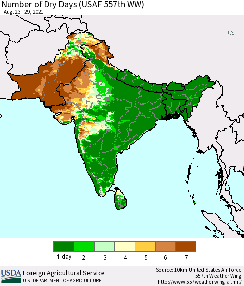Southern Asia Number of Dry Days (USAF 557th WW) Thematic Map For 8/23/2021 - 8/29/2021