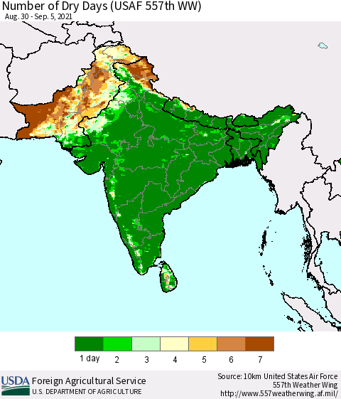Southern Asia Number of Dry Days (USAF 557th WW) Thematic Map For 8/30/2021 - 9/5/2021