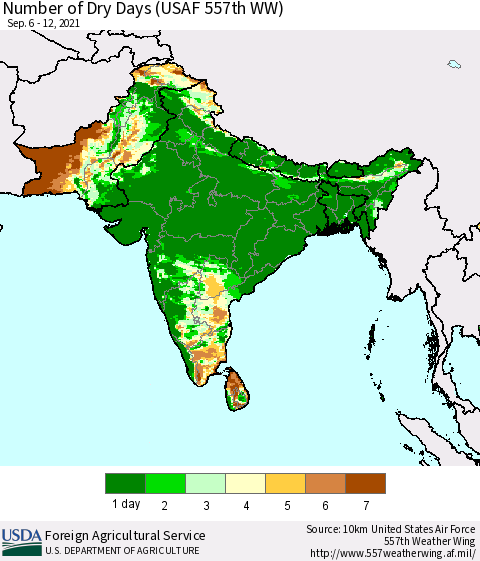 Southern Asia Number of Dry Days (USAF 557th WW) Thematic Map For 9/6/2021 - 9/12/2021