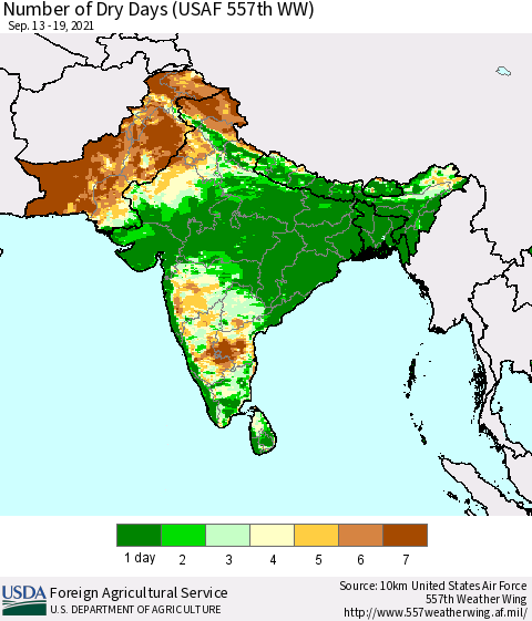 Southern Asia Number of Dry Days (USAF 557th WW) Thematic Map For 9/13/2021 - 9/19/2021