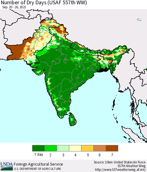Southern Asia Number of Dry Days (USAF 557th WW) Thematic Map For 9/20/2021 - 9/26/2021