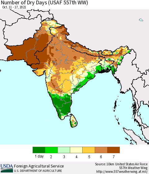 Southern Asia Number of Dry Days (USAF 557th WW) Thematic Map For 10/11/2021 - 10/17/2021