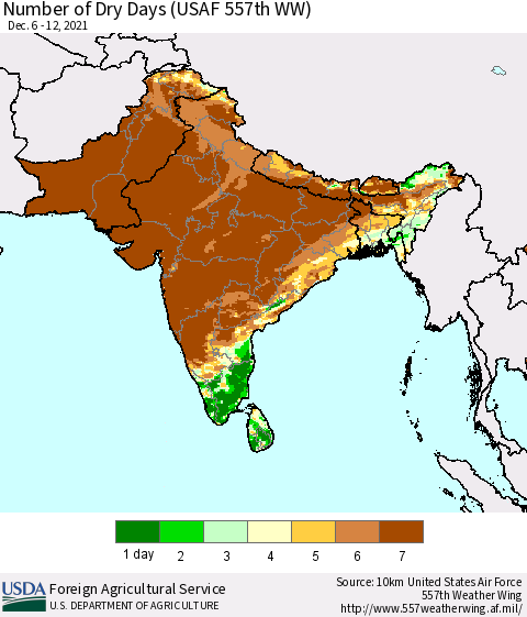 Southern Asia Number of Dry Days (USAF 557th WW) Thematic Map For 12/6/2021 - 12/12/2021
