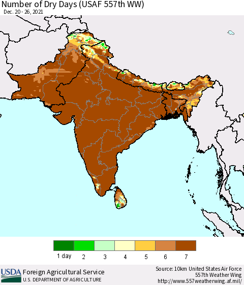 Southern Asia Number of Dry Days (USAF 557th WW) Thematic Map For 12/20/2021 - 12/26/2021