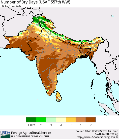 Southern Asia Number of Dry Days (USAF 557th WW) Thematic Map For 1/17/2022 - 1/23/2022