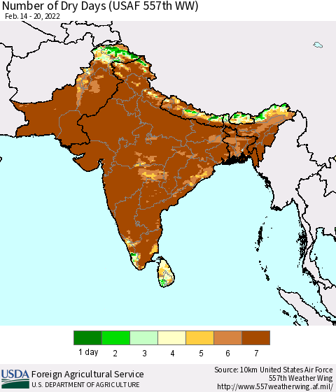 Southern Asia Number of Dry Days (USAF 557th WW) Thematic Map For 2/14/2022 - 2/20/2022