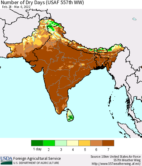 Southern Asia Number of Dry Days (USAF 557th WW) Thematic Map For 2/28/2022 - 3/6/2022