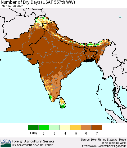Southern Asia Number of Dry Days (USAF 557th WW) Thematic Map For 3/14/2022 - 3/20/2022