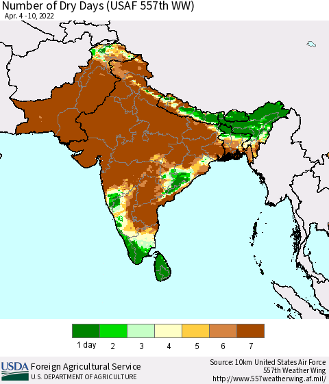 Southern Asia Number of Dry Days (USAF 557th WW) Thematic Map For 4/4/2022 - 4/10/2022