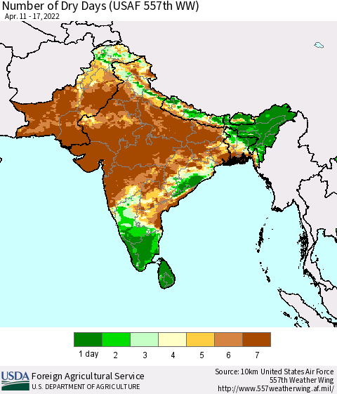 Southern Asia Number of Dry Days (USAF 557th WW) Thematic Map For 4/11/2022 - 4/17/2022