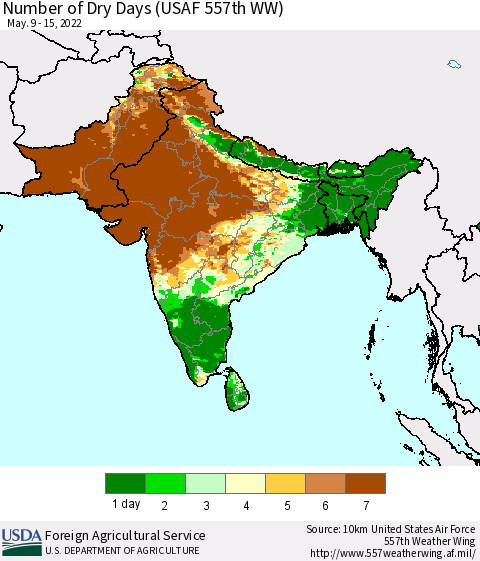 Southern Asia Number of Dry Days (USAF 557th WW) Thematic Map For 5/9/2022 - 5/15/2022
