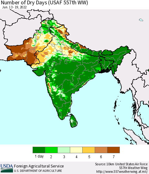 Southern Asia Number of Dry Days (USAF 557th WW) Thematic Map For 6/13/2022 - 6/19/2022
