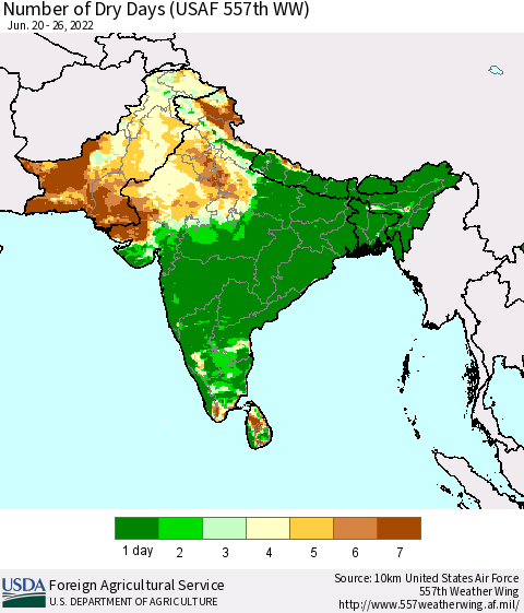 Southern Asia Number of Dry Days (USAF 557th WW) Thematic Map For 6/20/2022 - 6/26/2022